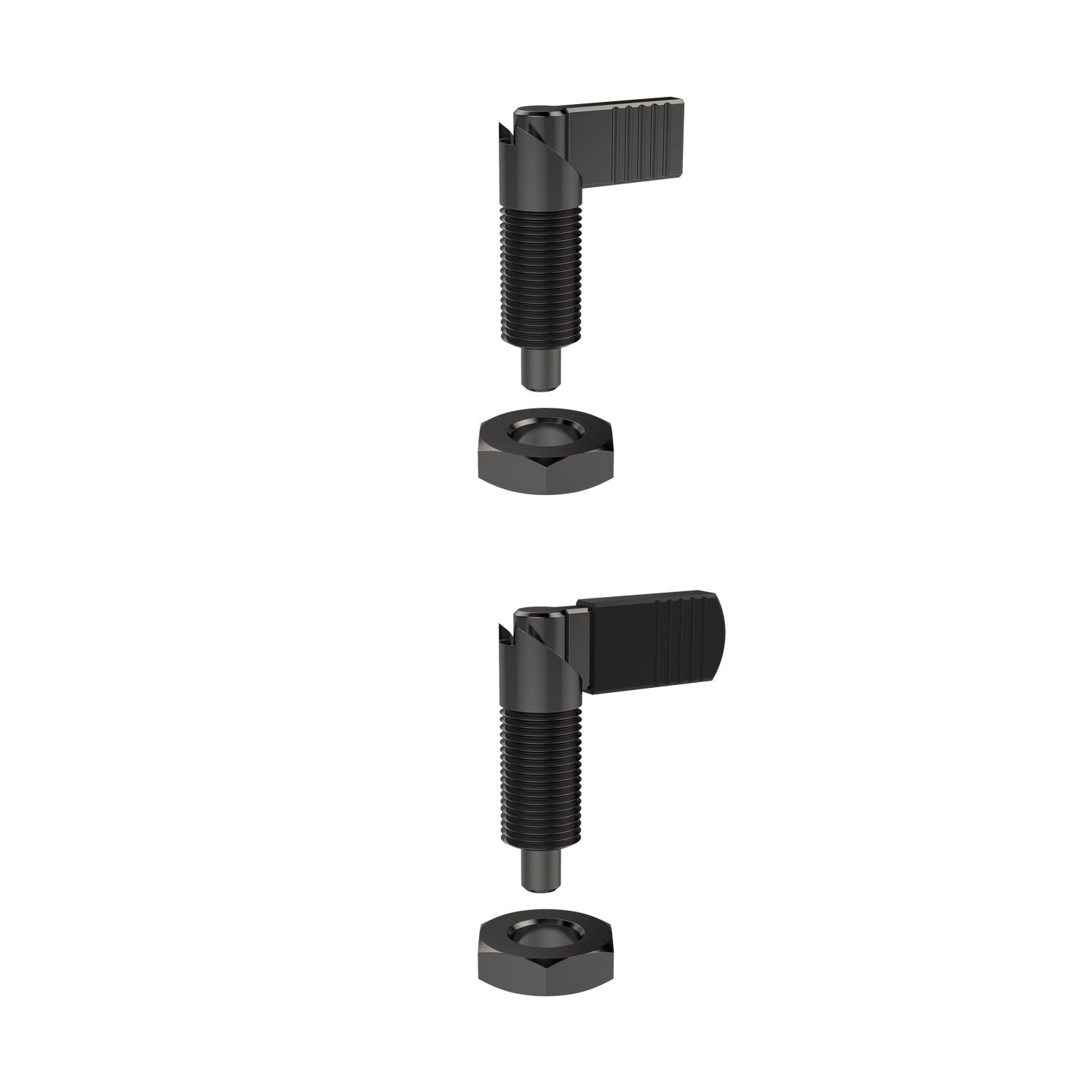 sideway view of two black lever grip index plungers